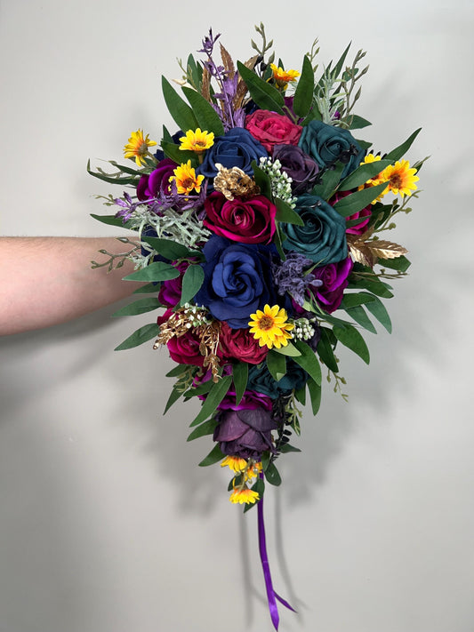 Jewel Tone Bouquet Wedding Bridal Cascade Bouquet Purple Navy Blue Royal Bridesmaids Cascading Bouquet Plum Teal Bouquet Artifical Flower