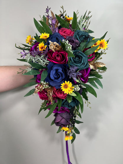 Jewel Tone Bouquet Wedding Bridal Cascade Bouquet Purple Navy Blue Royal Bridesmaids Cascading Bouquet Plum Teal Bouquet Artifical Flower