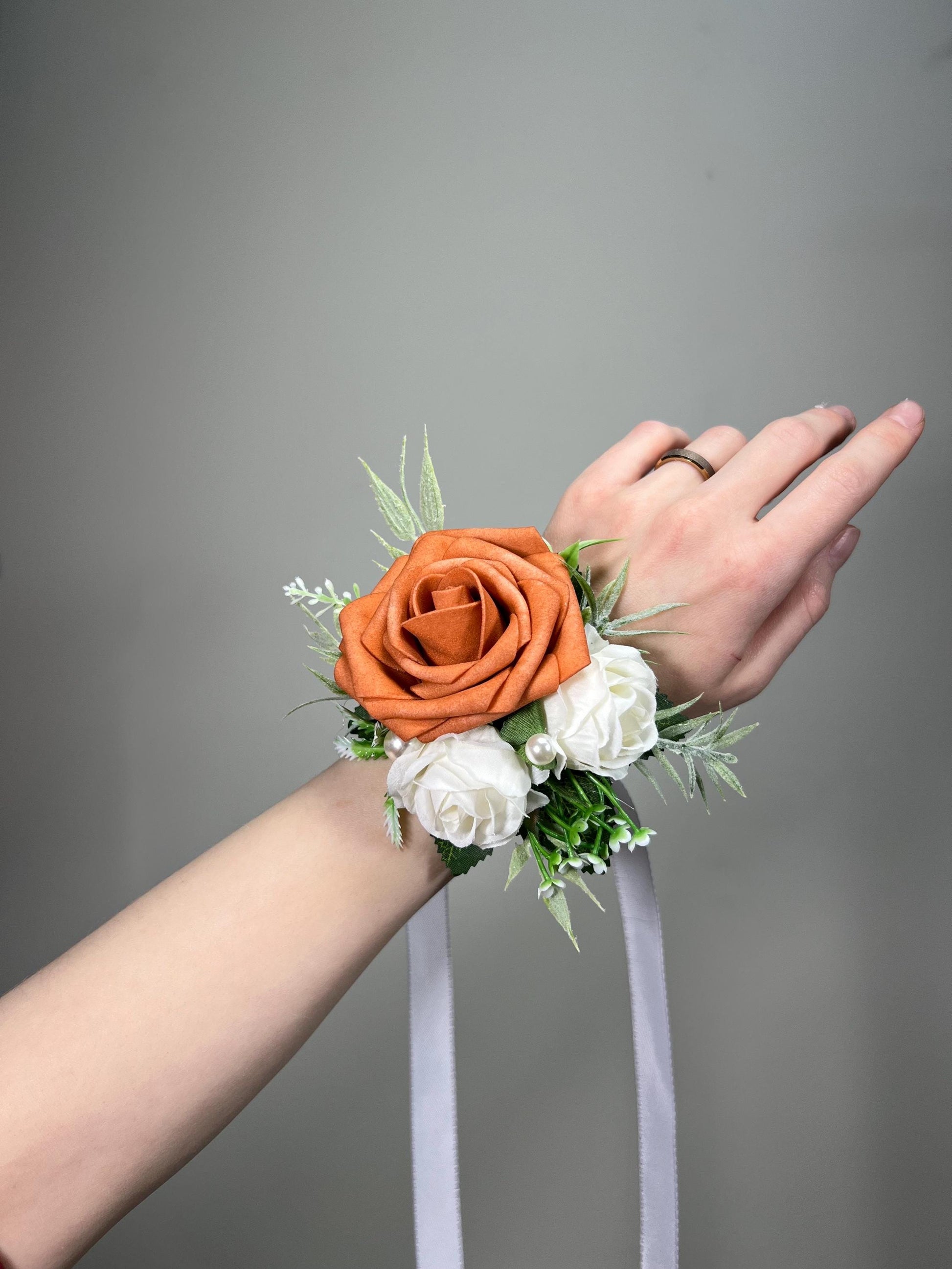 Orange Corsage Wedding Corsage Terracotta Wrust Corsage Rust Wedding Ivory Burnt Orange Corsage Orange White Pearl Artificial Flower