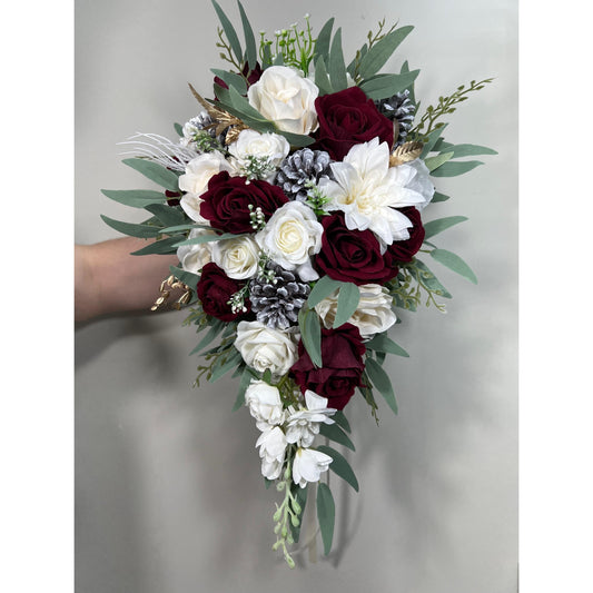 Burgundy White Bouquet Wedding Bridal Burgundy Cascade Bouquet White Burgundy Bouquet Christmas Pine Cone Bouquet Cascading Bouquet Burgundy