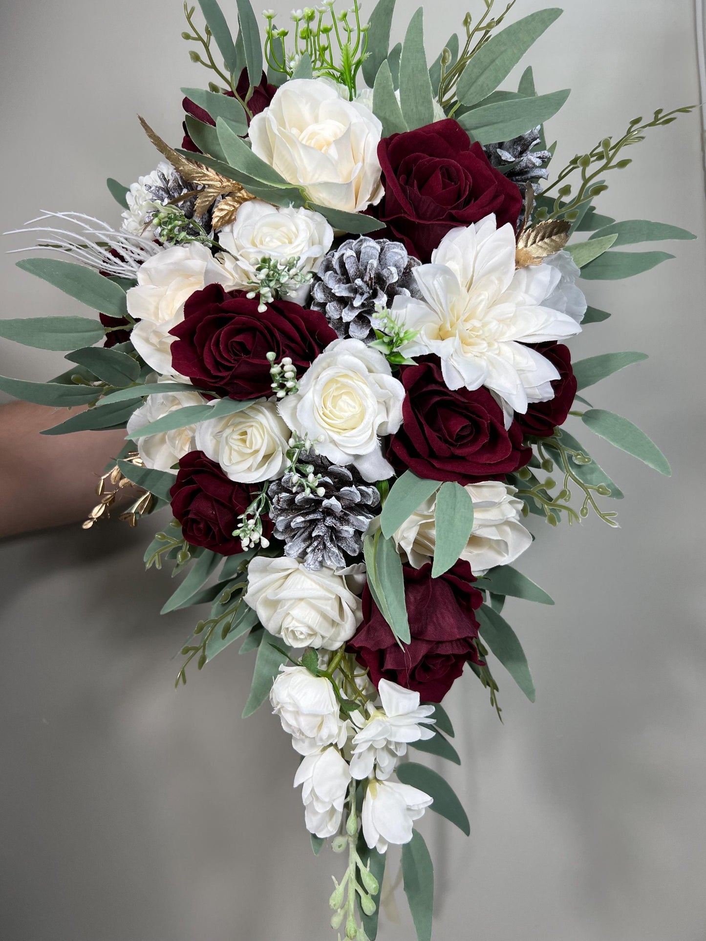 Burgundy White Bouquet Wedding Bridal Burgundy Cascade Bouquet White Burgundy Bouquet Christmas Pine Cone Bouquet Cascading Bouquet Burgundy