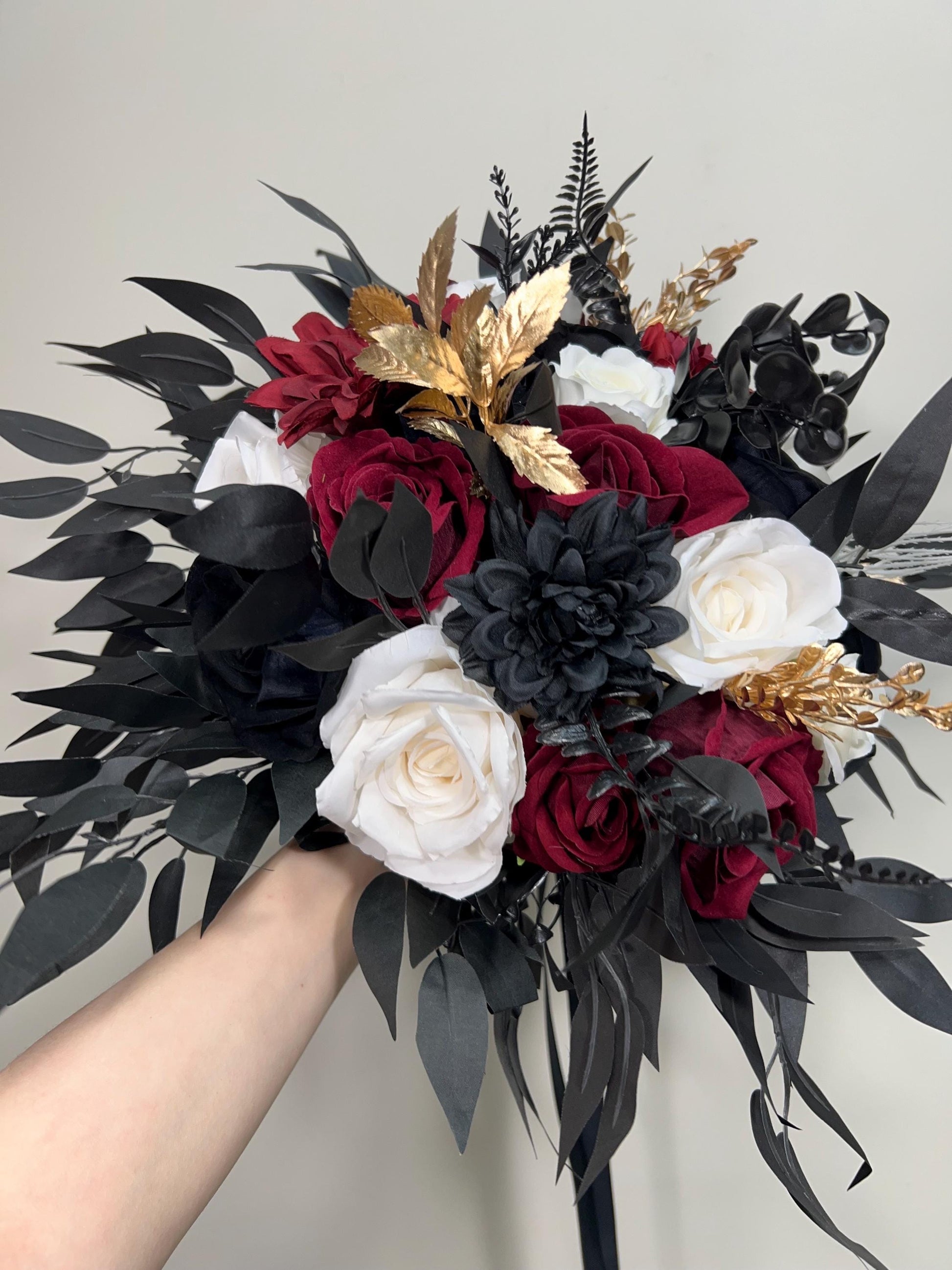 Wedding Cascade Bouquet Burgundy Black White Halloween Bridesmaid Bridal Cascading Bouquet Gothic Wedding Gold Bouquet Flower Artificial