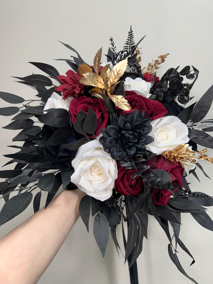 Wedding Cascade Bouquet Burgundy Black White Halloween Bridesmaid Bridal Cascading Bouquet Gothic Wedding Gold Bouquet Flower Artificial