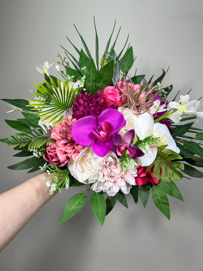 Tropical Bouquet Wedding Fuchsia Orchid Bridesmaids Bouquet Hot Pink Purple Cascade Bouquet Beach White Viva Magenta Artificial Flower