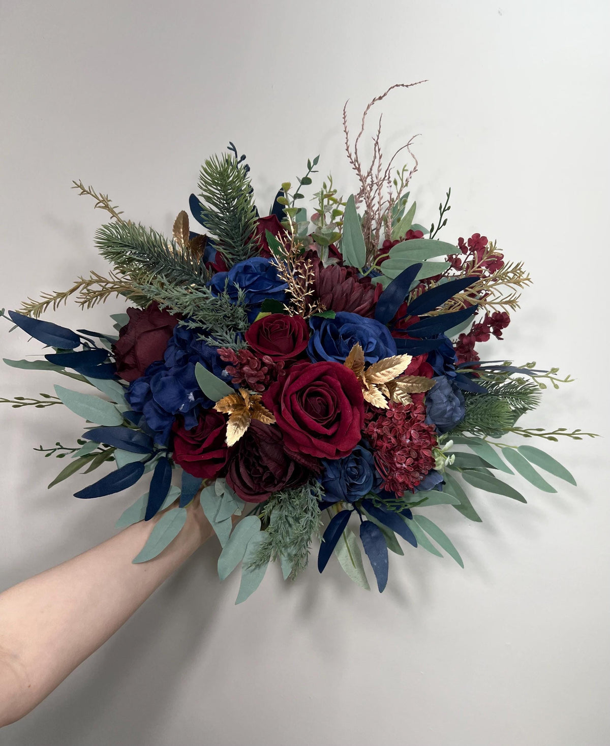 Winter Bouquet Burgundy Navy Blue Wedding Bouquet Bridal Cascading Wine Red Dark Blue Bouquet Cascade Bridesmaids Pine Tree Gold Artificial