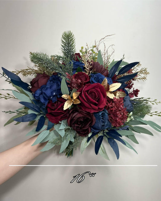 Winter Bouquet Burgundy Navy Blue Wedding Bouquet Bridal Cascading Wine Red Dark Blue Bouquet Cascade Bridesmaids Pine Tree Gold Artificial