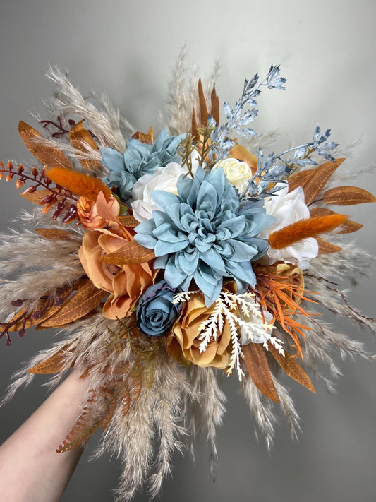 Orange Blue Dusty Bouquet Wedding Boho Terracotta Dusty Blue Bridal Bouquet Burnt Orange Blue Bridesmaids Bouquet Rust Pampas Grass