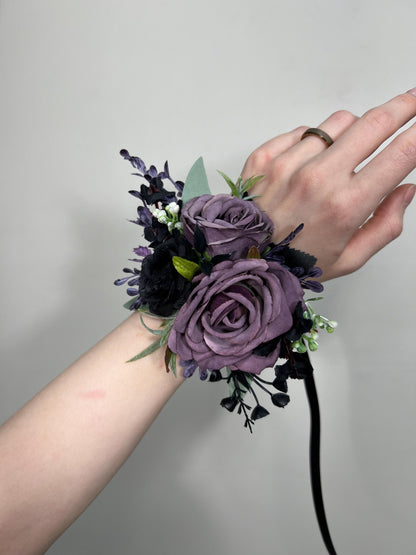 Black Purple Corsage Wedding Gothic Wrist Corsage Bridesmaids Black Plum Corsage Mom Plum Black Dark Purple Corsage Prom Artificial Flower