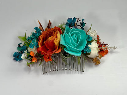 Teal Orange Flower Comb Wedding Teal Burnt Orange Head Piece Hair Comb Turquoise Terracotta Wedding Teal Blue Hair Accessories Hair Comb