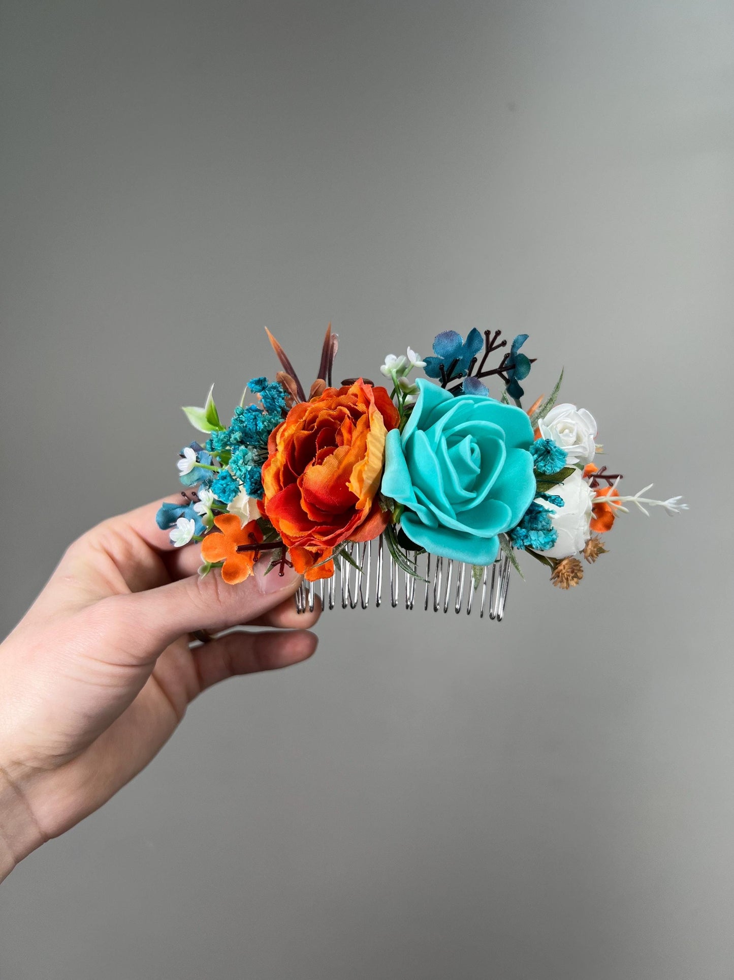 Teal Orange Flower Comb Wedding Teal Burnt Orange Head Piece Hair Comb Turquoise Terracotta Wedding Teal Blue Hair Accessories Hair Comb