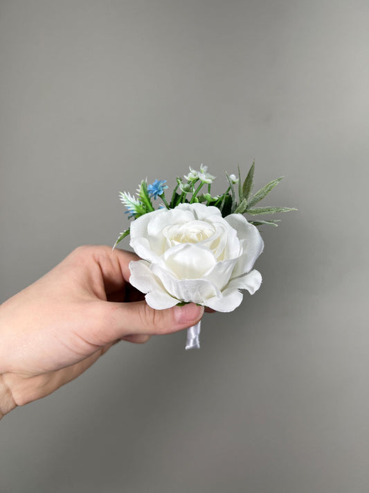 White Boutonniere Wedding Groom Ivory Groomsmen Boutonnière White Artificial Flowers Eucalyptus Blue White Rose Boutonniere Baby Breath Blue