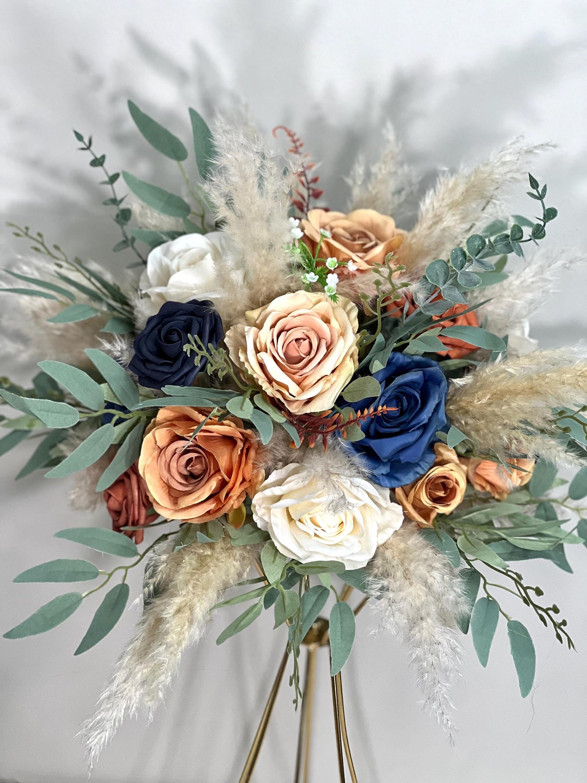 Orange Blue Centerpiece Wedding White Terracotta Navy Blue Flower Ball Boho Burnt Orange Navy Blue Centerpiece Table Pampas Grass