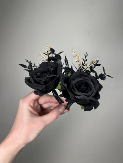 Black Corsage Wedding Black Gold Wrist Corsage Gothic Black Corsage Bridesmaids Gold Black Prom Corsage Mom Black Artificial Flowers