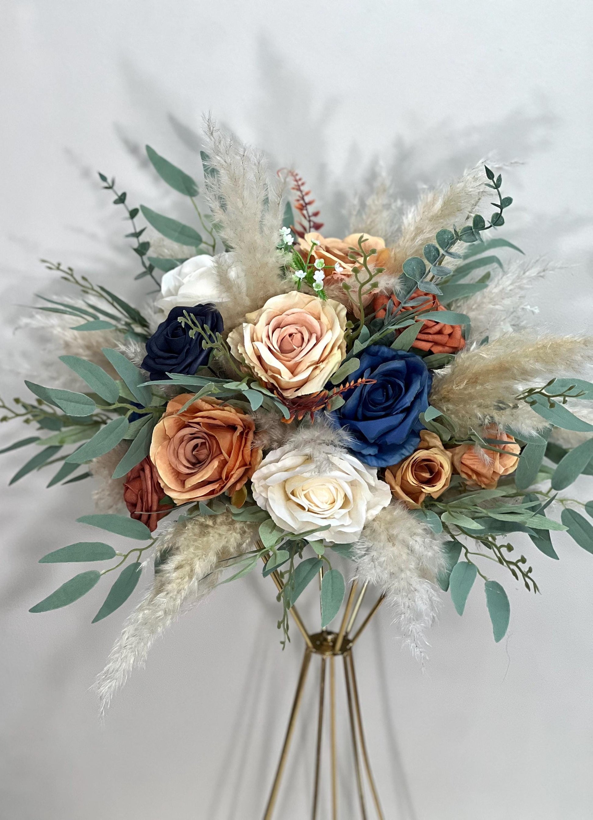 Orange Blue Navy Flower Ball Wedding Boho Centerpiece White Burnt Orange Blue Navy Barrel Decor Table Terracotta Navy Blue Rust Pampas Grass