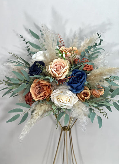 Orange Blue Navy Flower Ball Wedding Boho Centerpiece White Burnt Orange Blue Navy Barrel Decor Table Terracotta Navy Blue Rust Pampas Grass