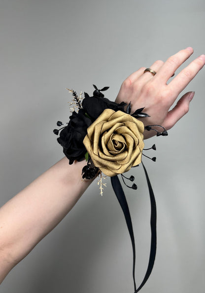 Black Gold Corsage Wedding Black Gothic Corsage Black Gold Mom Wrist Corsage Artificial Flowers Black Gold Wrist Corsage