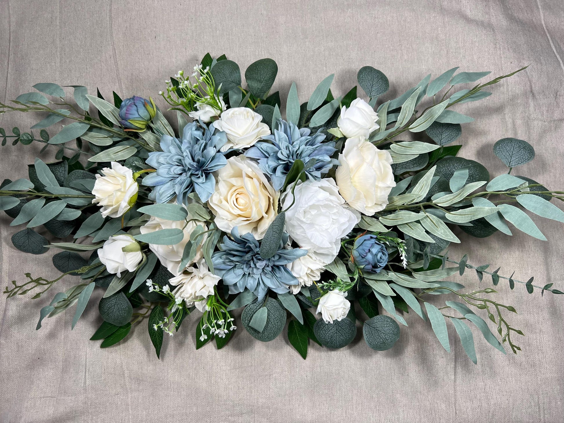 Dusty Blue Arch Arrangements Wedding Blue White Arbor Arrangement Dusty Blue Ivory Wall Decor Dahlia Blue White Swag Arch Arrangements