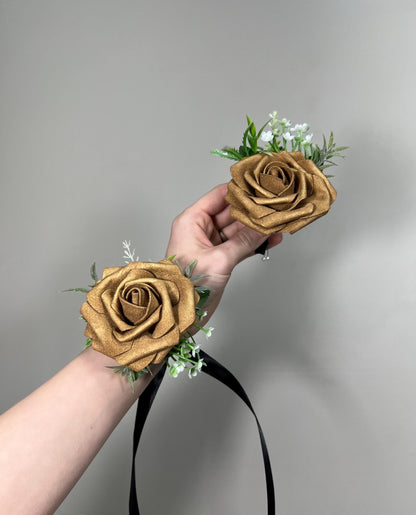 Gold Corsage Wedding Boutonniere Gold Groom Gold Boutonnière Groomsmen Mom Corsage Gold Artificial Flower