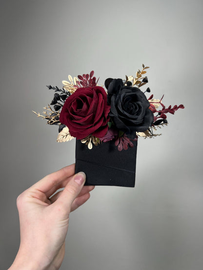 Black Burgundy Pocket Boutonniere Wedding Black Gold Burgundy Square Boutonniere Groom Burgundy Black Gold Pocket Boutonniere Groomsmen