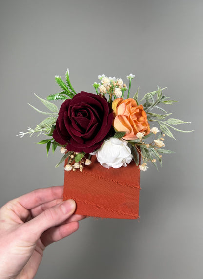 Orange Burgundy Pocket Boutonniere Terracotta Groom Boutonnière Square Burnt Orange Burgundy White Pocket Boutonnière Groomsmen Baby Breath