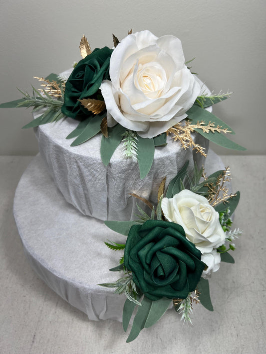 Emerald Green Cake Decoration Wedding Emerald Green White Gold Flower Cake Topper Hunter Green Cake Arrangements Flower White Artificial