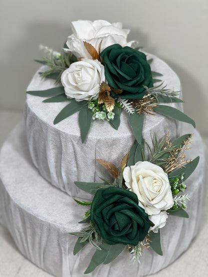 Emerald Green Cake Decoration Wedding Emerald Green White Gold Flower Cake Topper Hunter Green Cake Arrangements Flower White Artificial