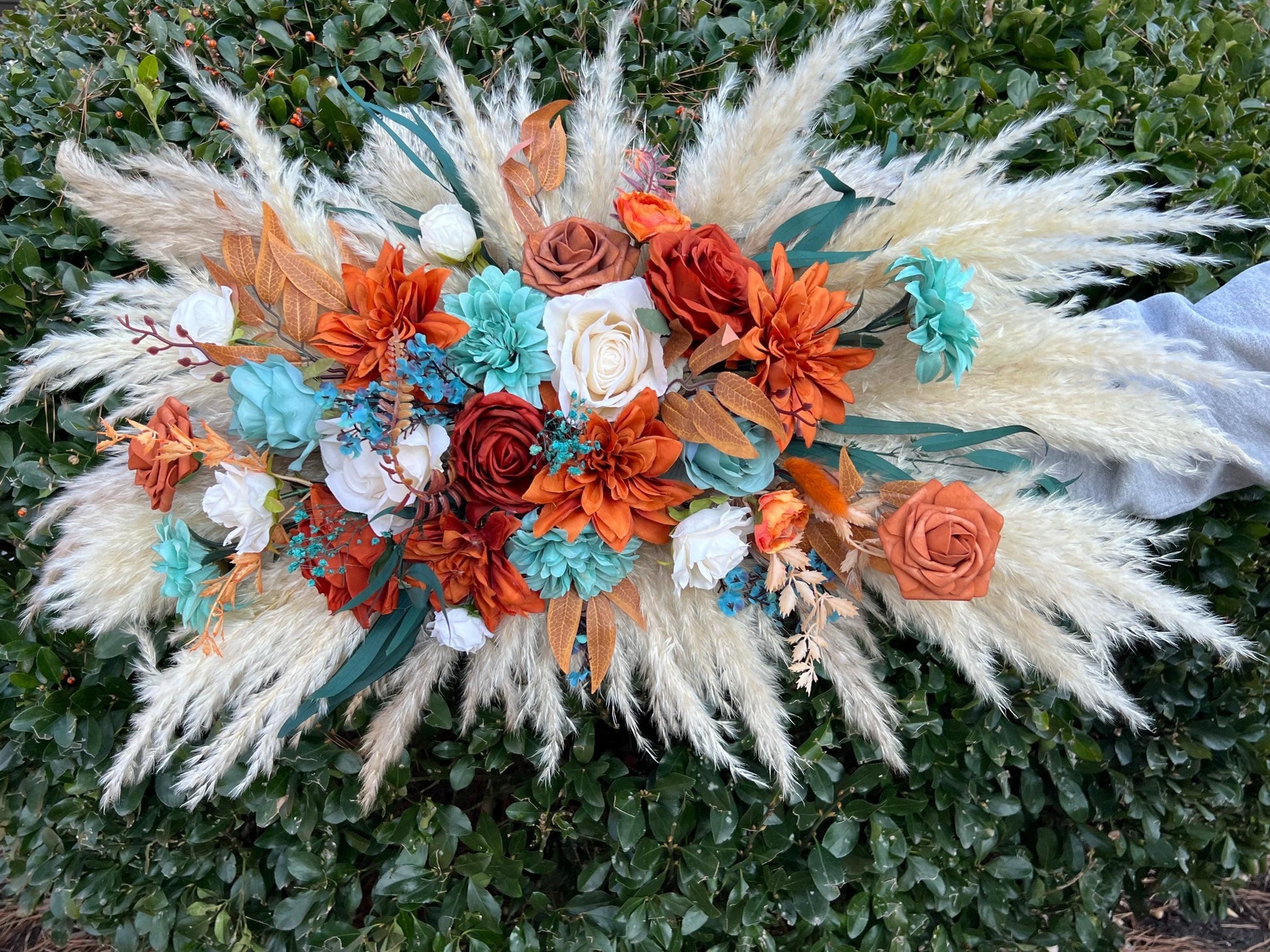 Teal Arch Arrangement Wedding Boho Burnt Orange Teal Arbor Arrangement White Terracotta Turquoise Rust Arch Arrangement Teal Blue Pampas