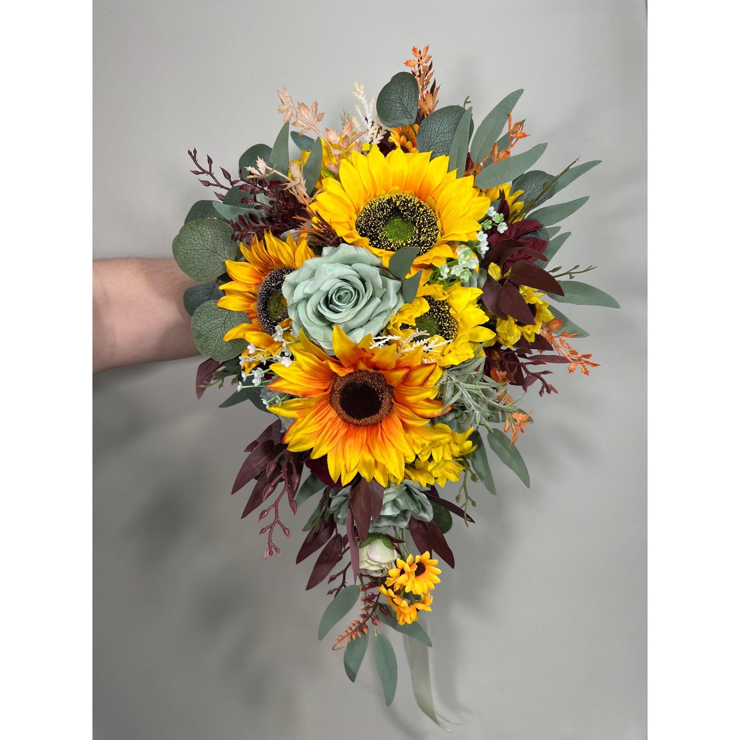 Sunflower Bouquet Wedding Bridal Boho Sunflower Cascade Bouquet Sage Burgundy Sunflower Bridesmaids Bouquet Sage Green Artiricial Flower