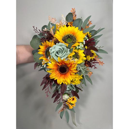 Sunflower Bouquet Wedding Bridal Boho Sunflower Cascade Bouquet Sage Burgundy Sunflower Bridesmaids Bouquet Sage Green Artiricial Flower