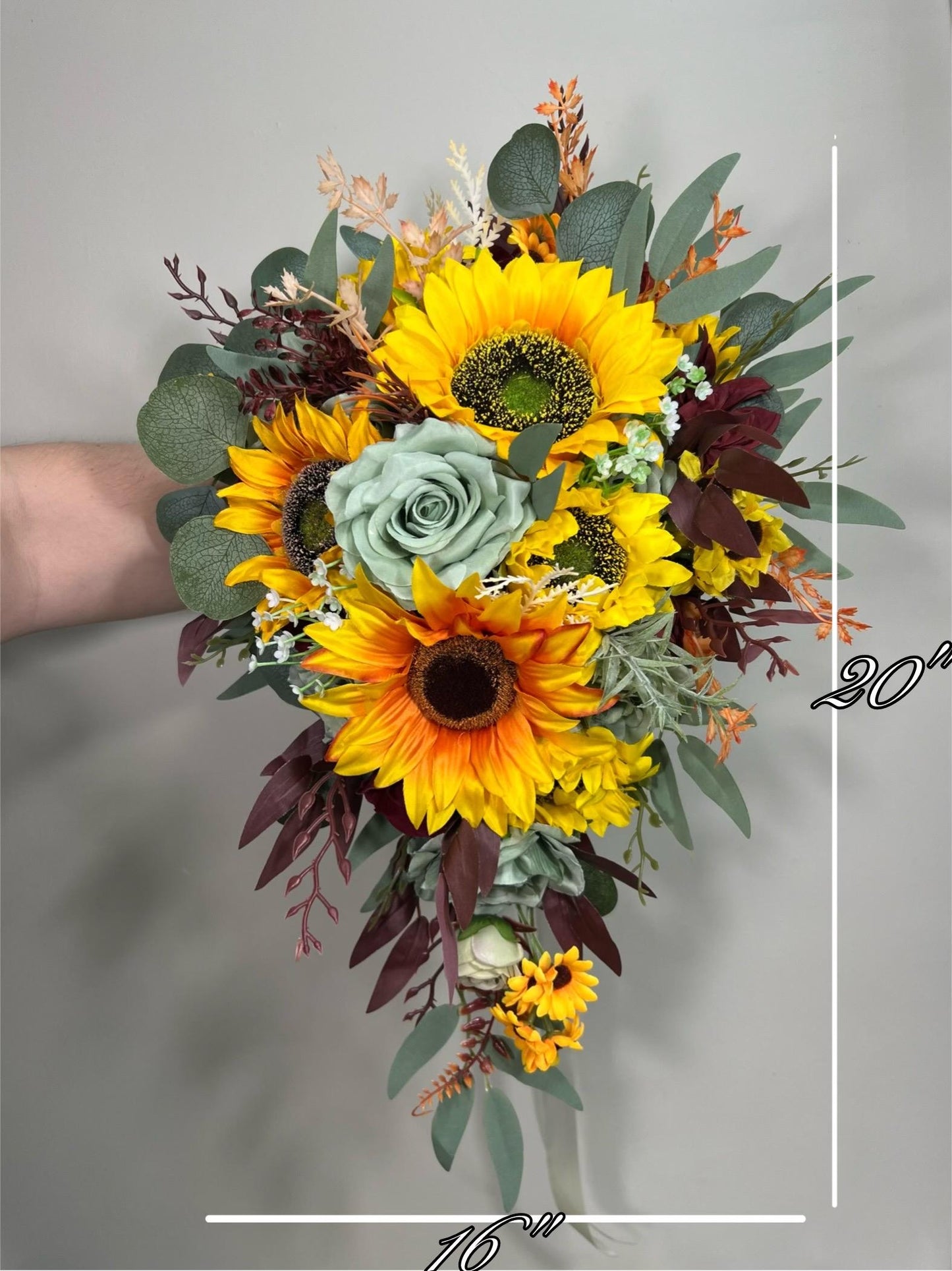Sunflower Bouquet Wedding Bridal Boho Sunflower Cascade Bouquet Sage Burgundy Sunflower Bridesmaids Bouquet Sage Green Artiricial Flower
