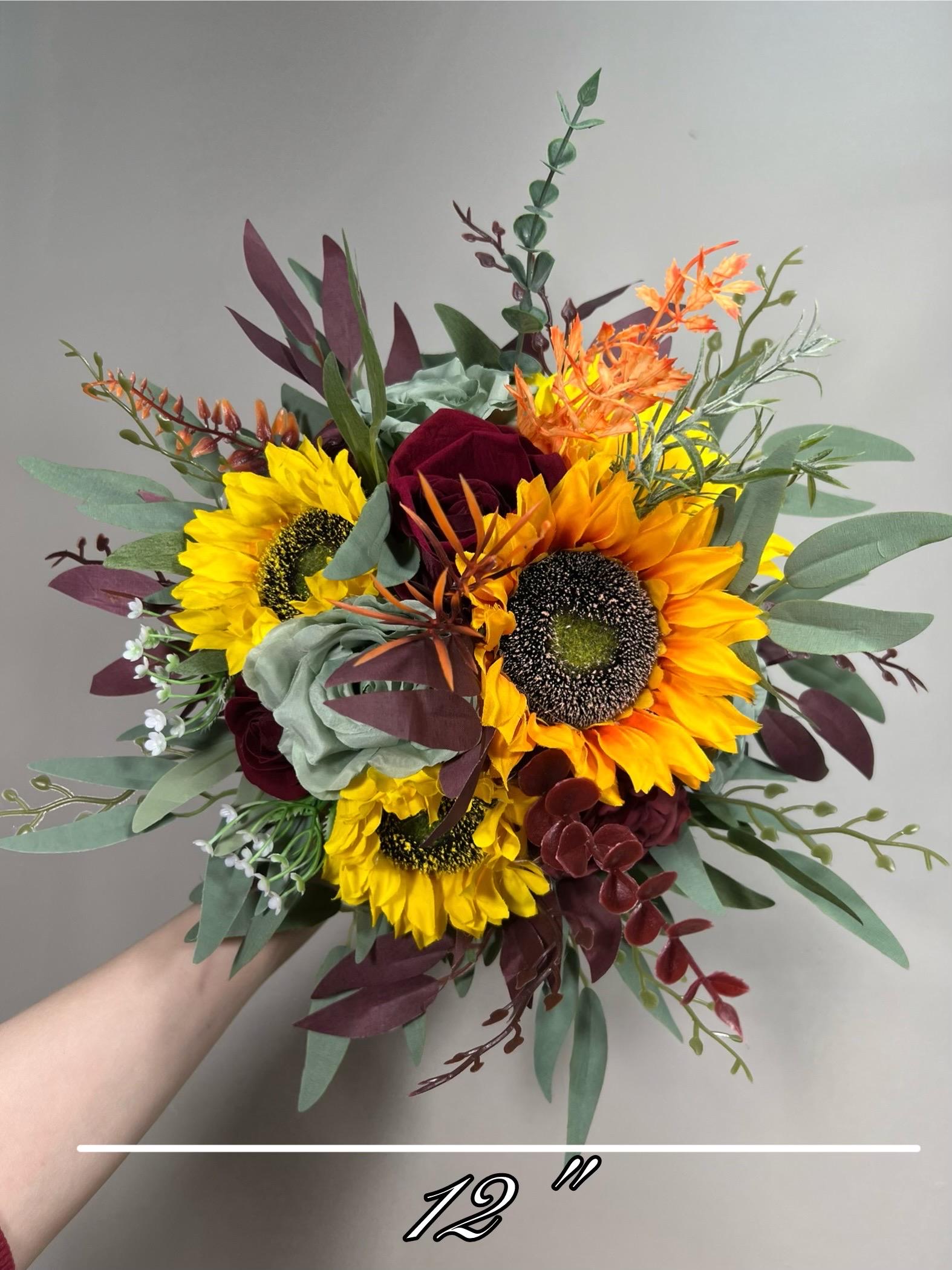 Sunflower Bouquet Wedding Bridal Boho Sunflower Cascade Bouquet Sage Burgundy Sunflower Bridesmaids Bouquet Sage Green Artiricial Flower