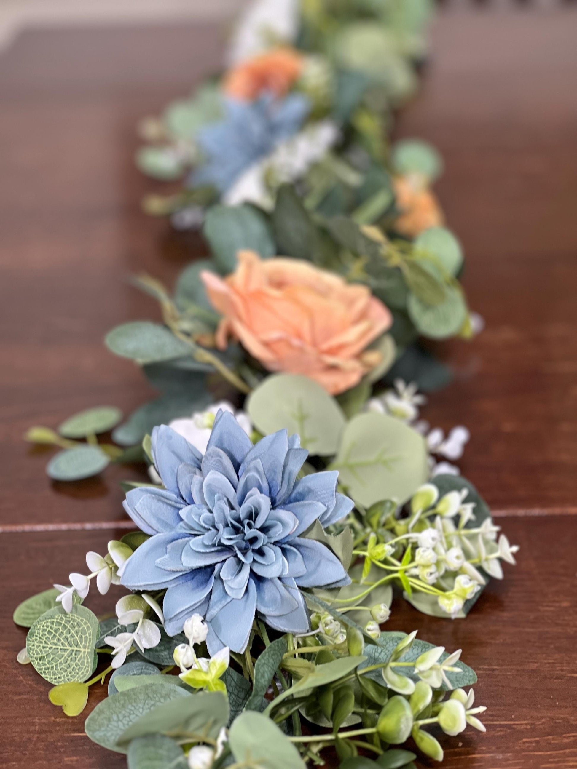 Blue Orange Garland Wedding Table Runner Dusty Blue Burnt Orange Aisle Arrangement Arch Eucalyptus Dusty Blue White Terracotta Table Runner