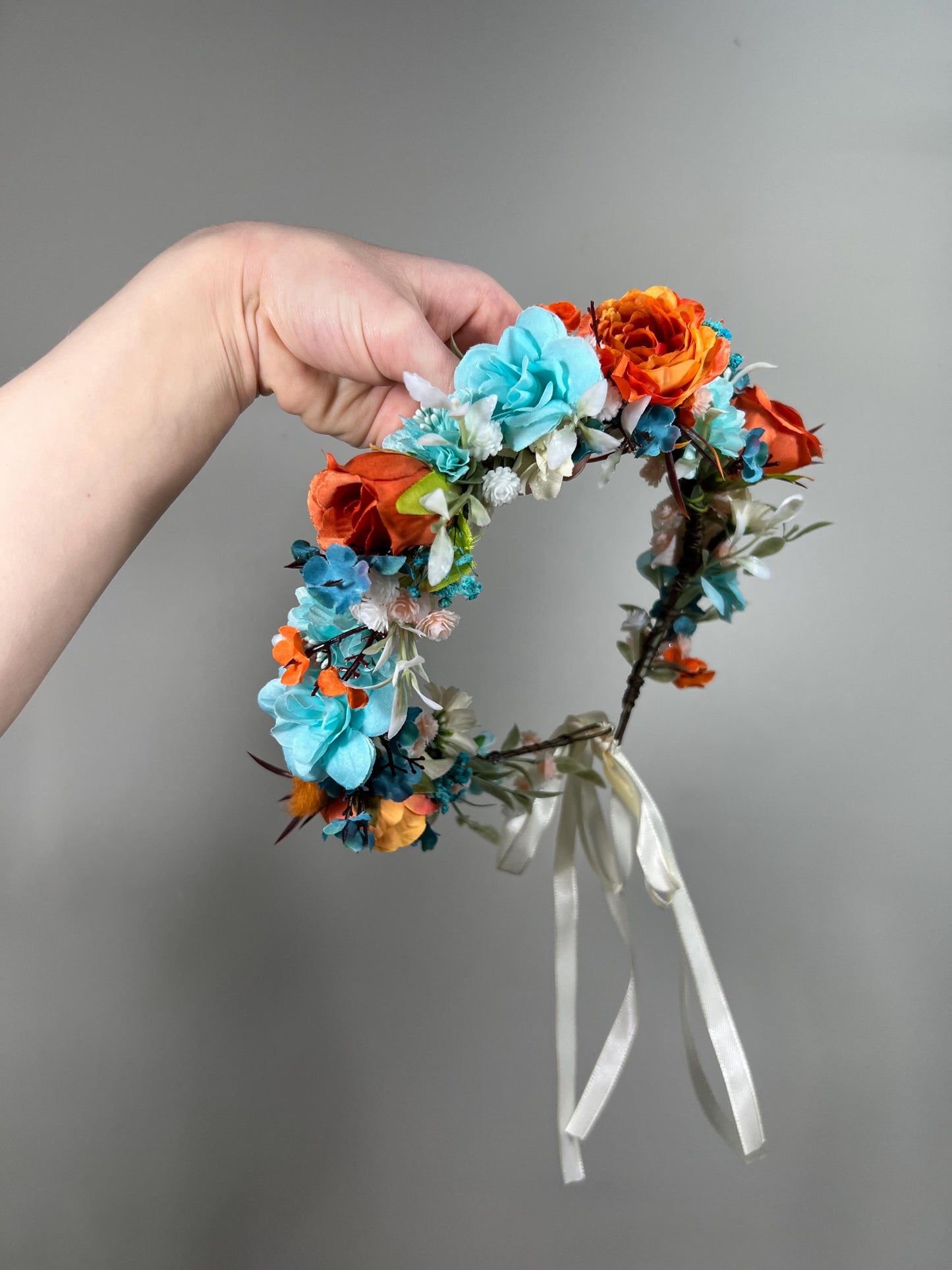 Teal Flower Crown Wedding Bridal Floral Headband Teal Burnt Orange Adult Crown Terracotta Turquoise Wreath Toddlet Crown Children Rust Teal