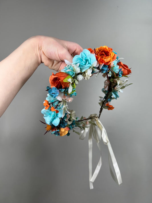 Teal Flower Crown Wedding Bridal Floral Headband Teal Burnt Orange Adult Crown Terracotta Turquoise Wreath Toddlet Crown Children Rust Teal