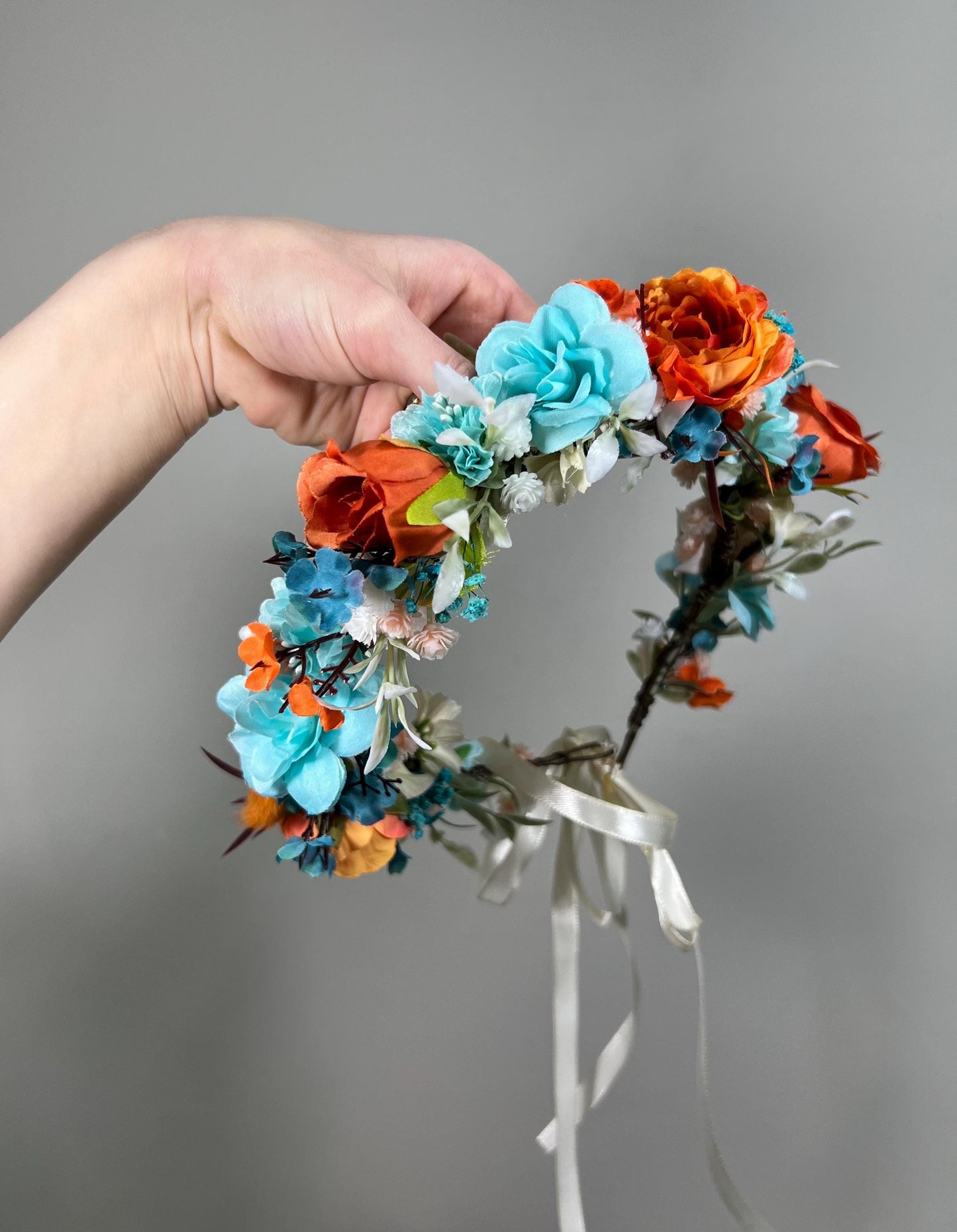 Teal Flower Crown Wedding Bridal Floral Headband Teal Burnt Orange Adult Crown Terracotta Turquoise Wreath Toddlet Crown Children Rust Teal
