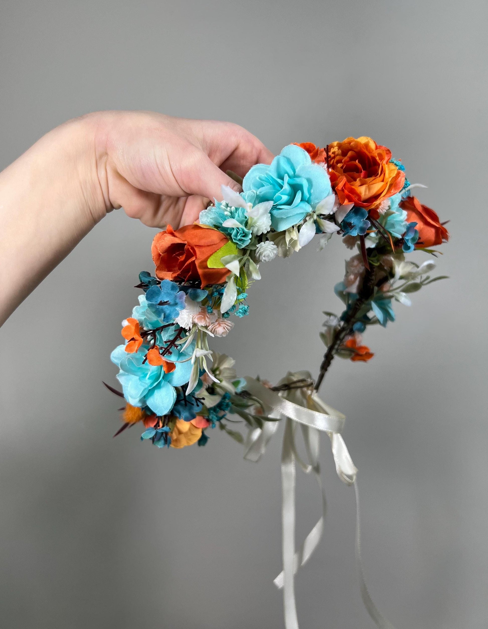 Teal Flower Crown Wedding Bridal Floral Headband Teal Burnt Orange Adult Crown Terracotta Turquoise Wreath Toddlet Crown Children Rust Teal