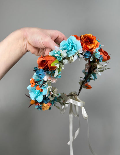 Teal Flower Crown Wedding Bridal Floral Headband Teal Burnt Orange Adult Crown Terracotta Turquoise Wreath Toddlet Crown Children Rust Teal