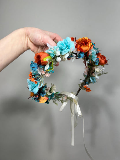 Teal Flower Crown Wedding Bridal Floral Headband Teal Burnt Orange Adult Crown Terracotta Turquoise Wreath Toddlet Crown Children Rust Teal