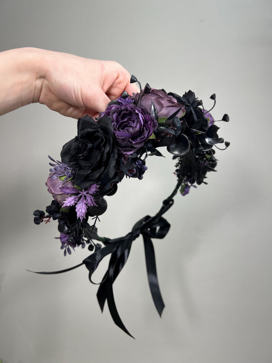 Black Purple Flower Crown Black Wedding Crown Gothic Floral Headband Black Flower Adult Crown Flower Girl Wreath Plum Black Crown Hair