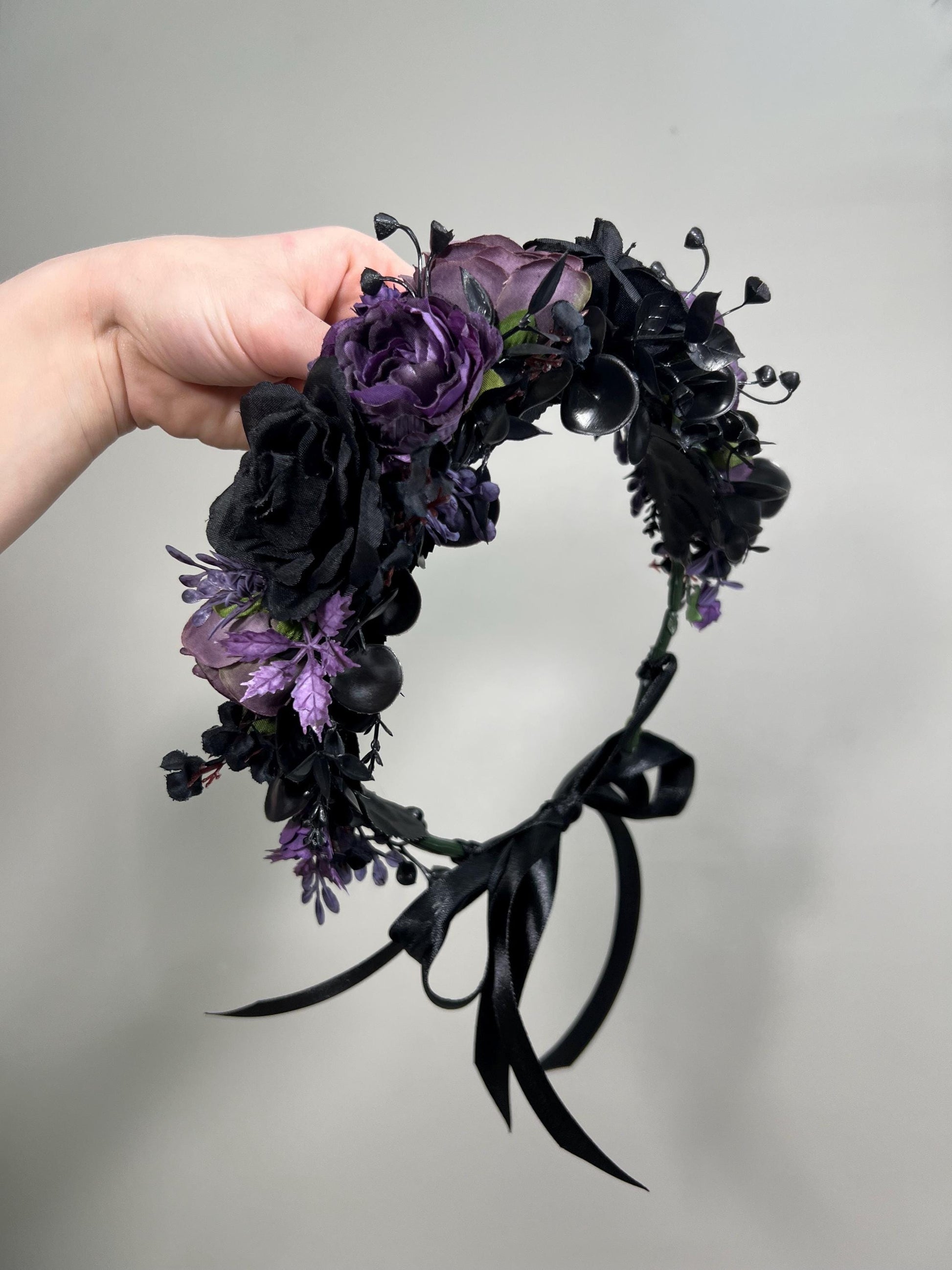 Black Purple Flower Crown Black Wedding Crown Gothic Floral Headband Black Flower Adult Crown Flower Girl Wreath Plum Black Crown Hair