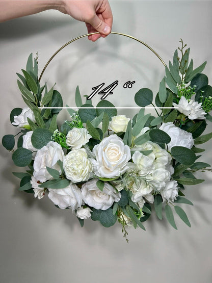 Wedding Hoop White Bridal Ivory Hoop Classic Bridesmaids Ring Wreath Flower Girl Hoop White Eucalyptus Artificial Flower Flower Hoop