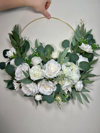 Wedding Hoop White Bridal Ivory Hoop Classic Bridesmaids Ring Wreath Flower Girl Hoop White Eucalyptus Artificial Flower Flower Hoop