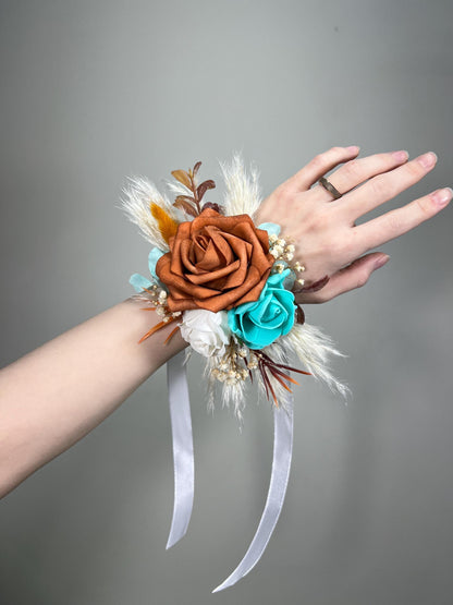 Wedding Bouquet Terracotta Turquoise Cascade Boho Bridal Rust Wedding Cascading Burnt Orange Cinnamon Decor Artificial Flower Fall