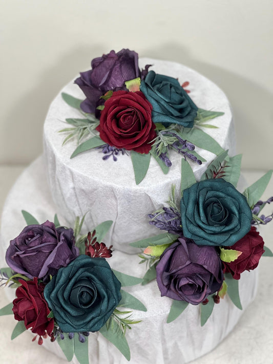 Teal Plum Cake Decor Flower Wedding Burgundy Cake Topper Dark Teal Purple Decor Cake Arrangements Jewel Tones Cake Decoration Teal Burgundy
