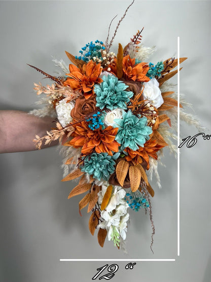 Bridesmaids Bouquet Teal Orange Wedding Boho Turquoise Terracotta Small Bouquet Petite Pampas Grass Rust Baby Breath White Ivory Teal Blue
