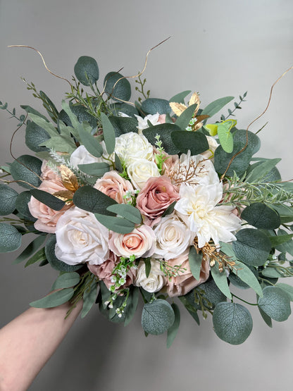Wedding Bouquet Dusty Rose Bridal Blush Dahlia Wedding Bouquet Ivory Bridesmaids Decor Eucalyptus Pink Flower White Spring Artificial Flower
