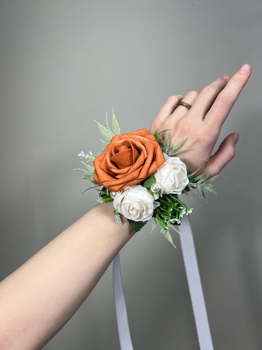 Orange Corsage Wedding Corsage Terracotta Wrust Corsage Rust Wedding Ivory Burnt Orange Corsage Orange White Pearl Artificial Flower
