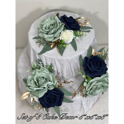 Sage Green Cake Decoration Wedding Sage Navy Blue Topper Decor Flower Cake Arrangement Sage Green Blue White Cake Decor Artificial Flower