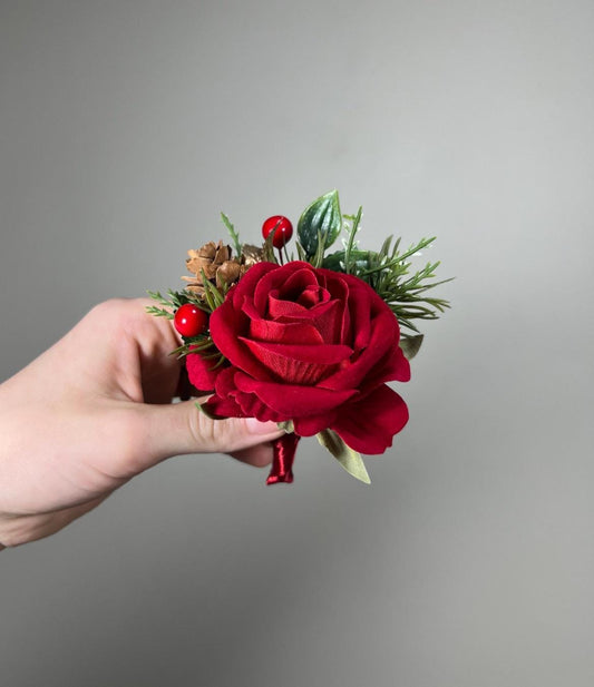 Christmas Boutonnière Wedding Red Boutonniere Groom Dark Red Groomsmen Boutonniere Winter Wedding Christmas Artificial Flower Red Pine Cone