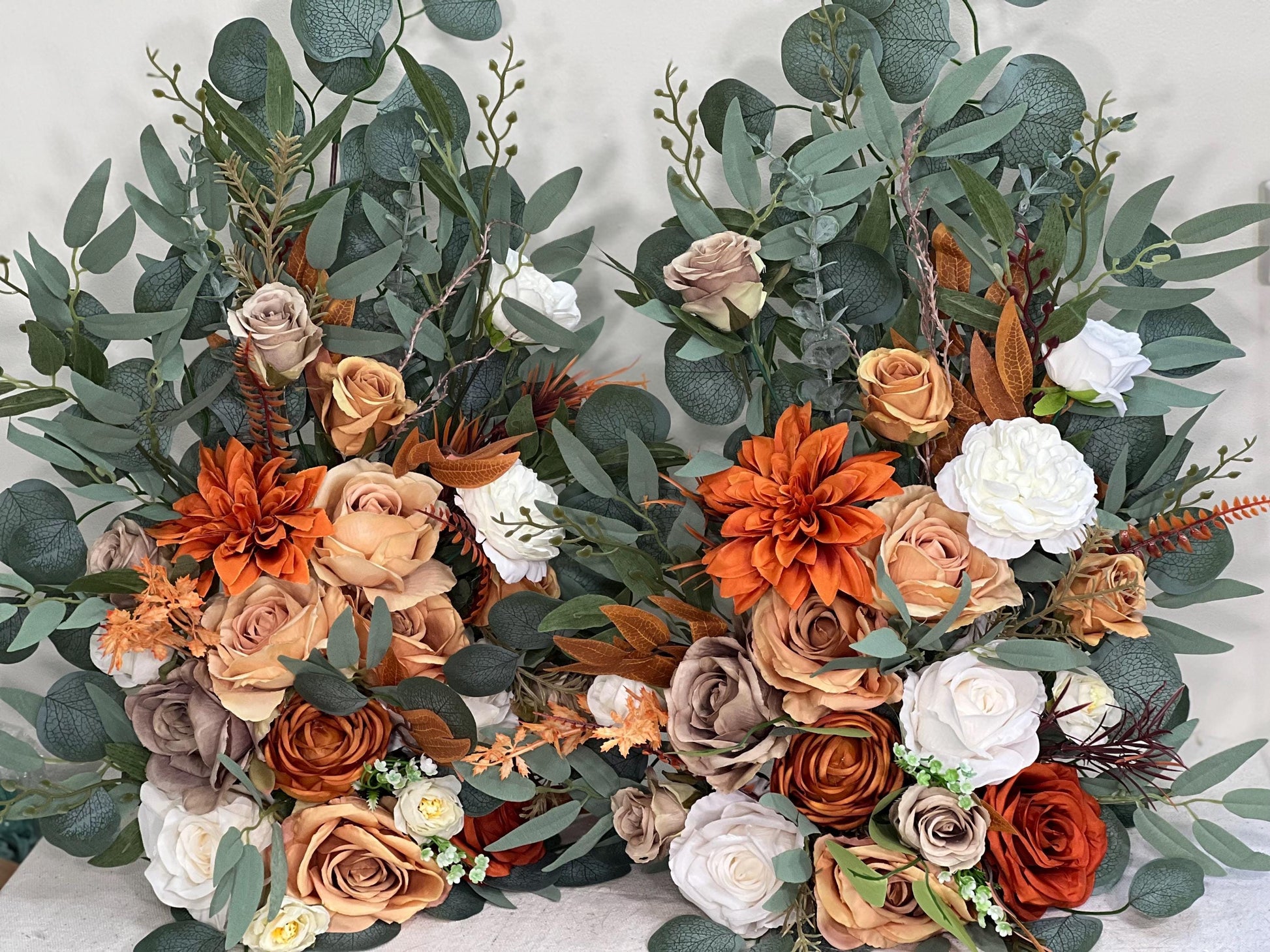 Wedding Aisle Marker Flower Floor Arrangement Whiskey Barrel Décor Burnt Orange Ground Arch White Terracotta Décor Rust Brown Fall Colors